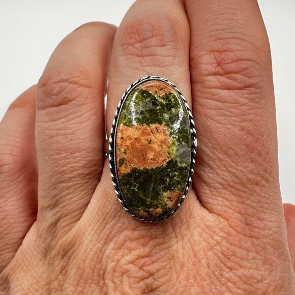 Genuine unakite jasper cabochon ring in solid Sterling silver! - Picture 2 of 11